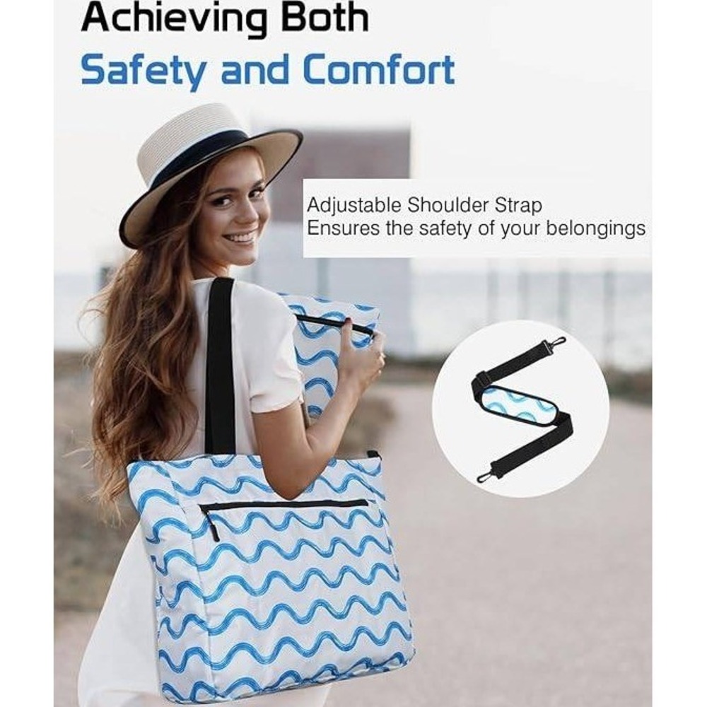 *NWT* Wavy Print Tote Bag Womens Large White Blue Beach Travel Shoulder Bag